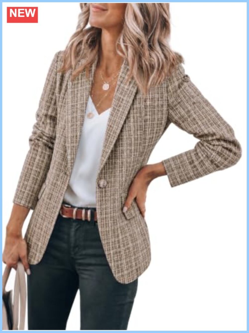 Plaid Tweed Blazer Jacket Open Front Notch Collar Business Casual
